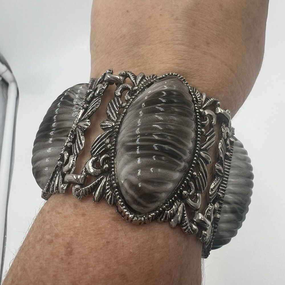 Vintage Chunky Bracelet Zebra Thermoset Selro Style Silver tone Cabochons Wide